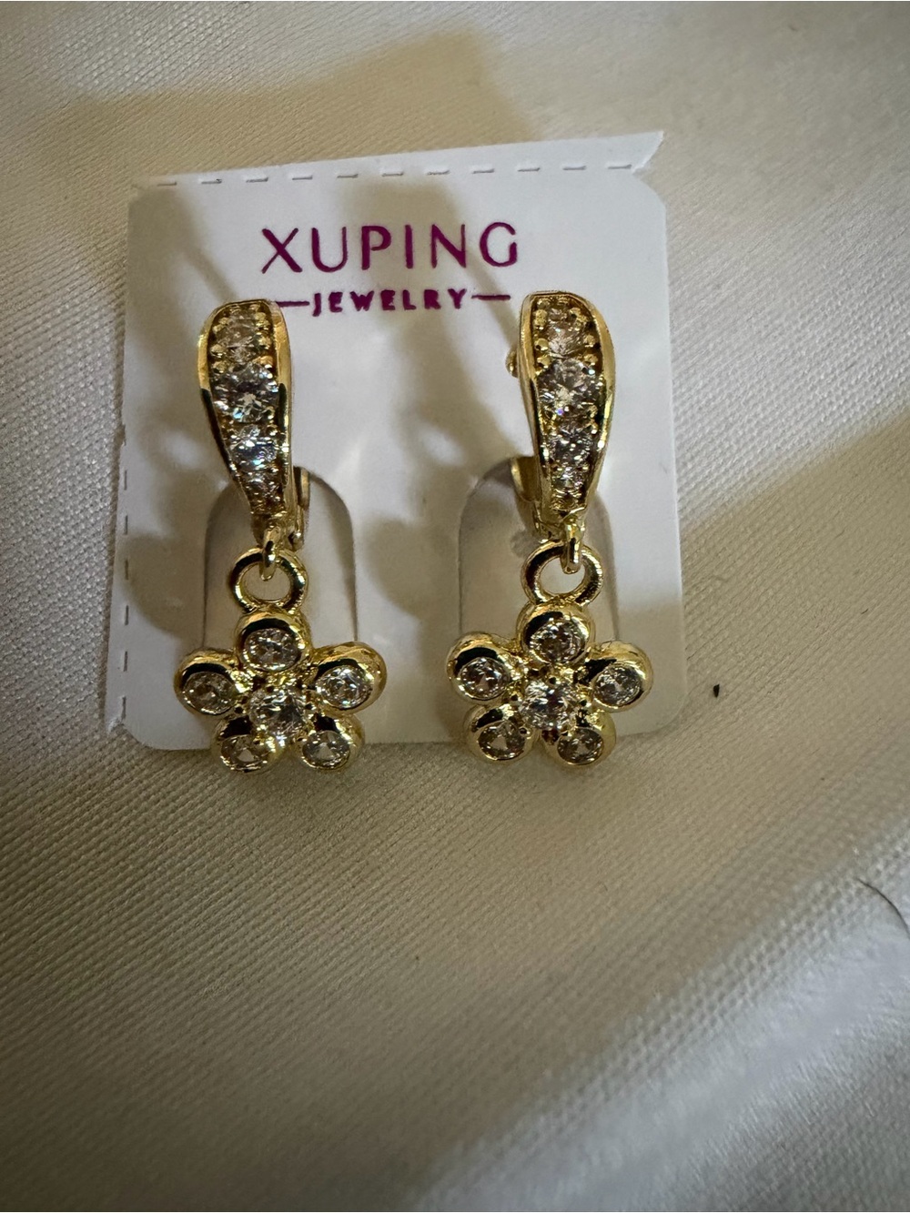 Xuping Gold-Tone Floral Drop Earrings with Clear Stones